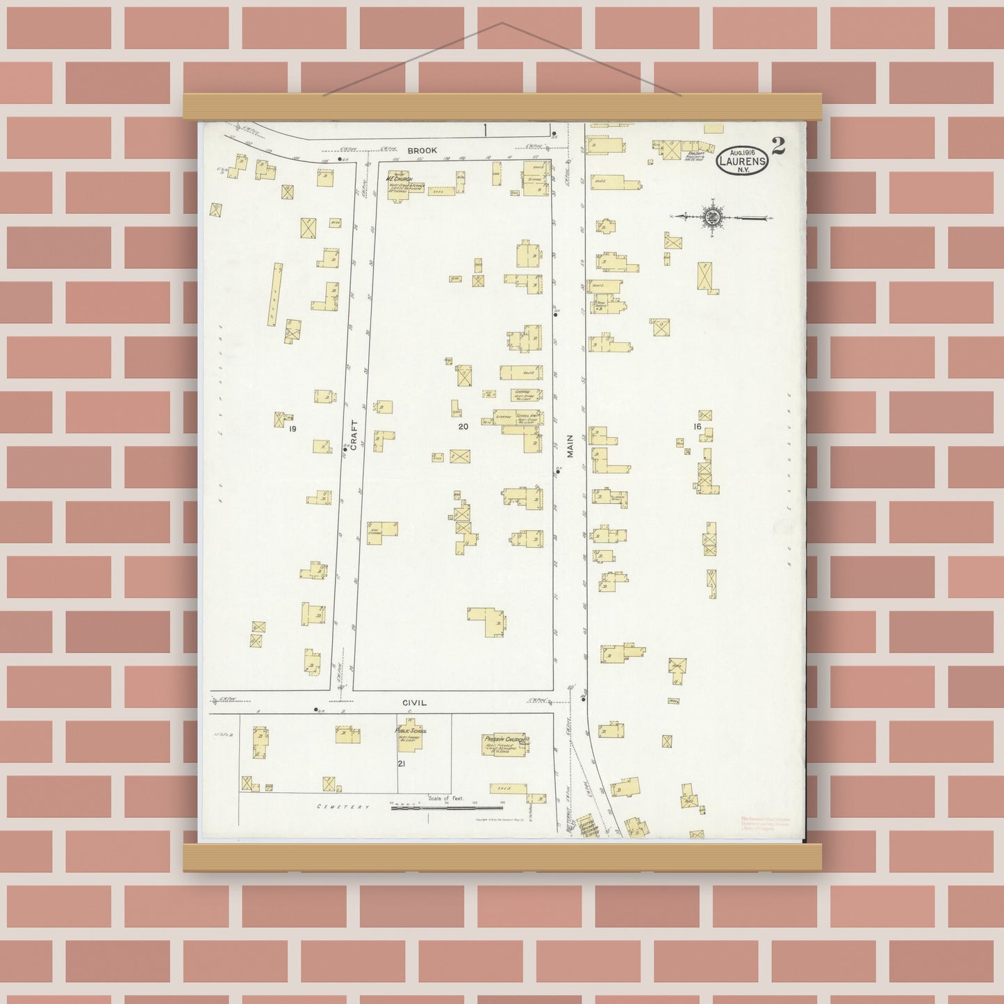 Old map wall art mockup — magnetic wood frame on brick wall — Sanborn Fire Insurance Map from Laurens, Otsego County, New York (1916), Sheet #0002