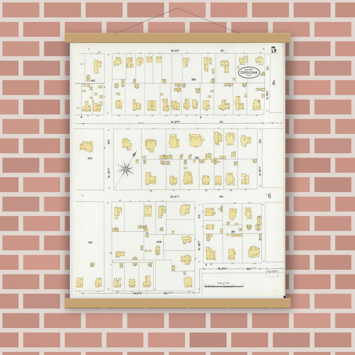 Old map wall art mockup — magnetic wood frame on brick wall — Sanborn Fire Insurance Map from Corsicana, Navarro County, Texas (1905), Sheet #0005