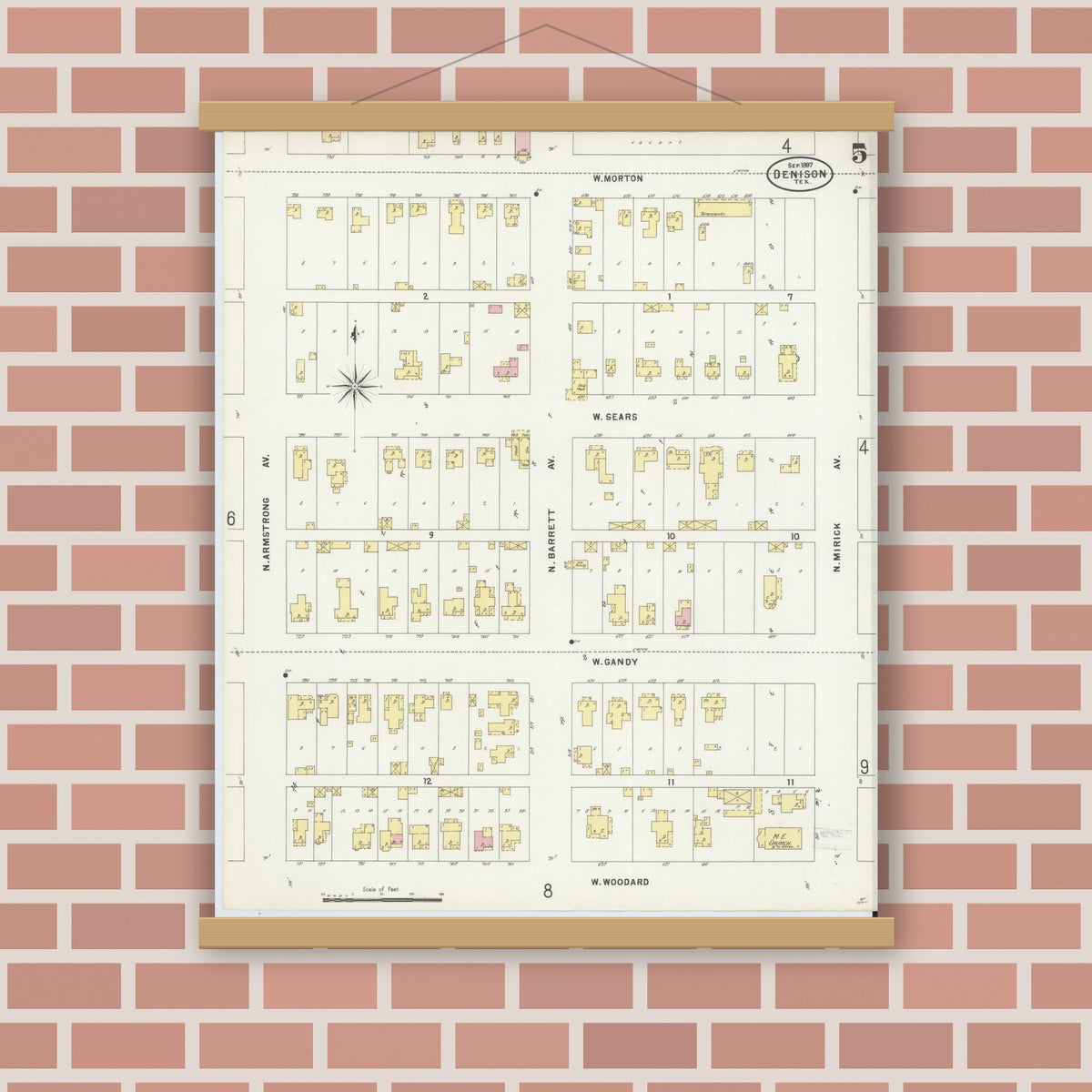 Old map wall art mockup — magnetic wood frame on brick wall — Sanborn Fire Insurance Map from Denison, Grayson County, Texas (1897), Sheet #0005