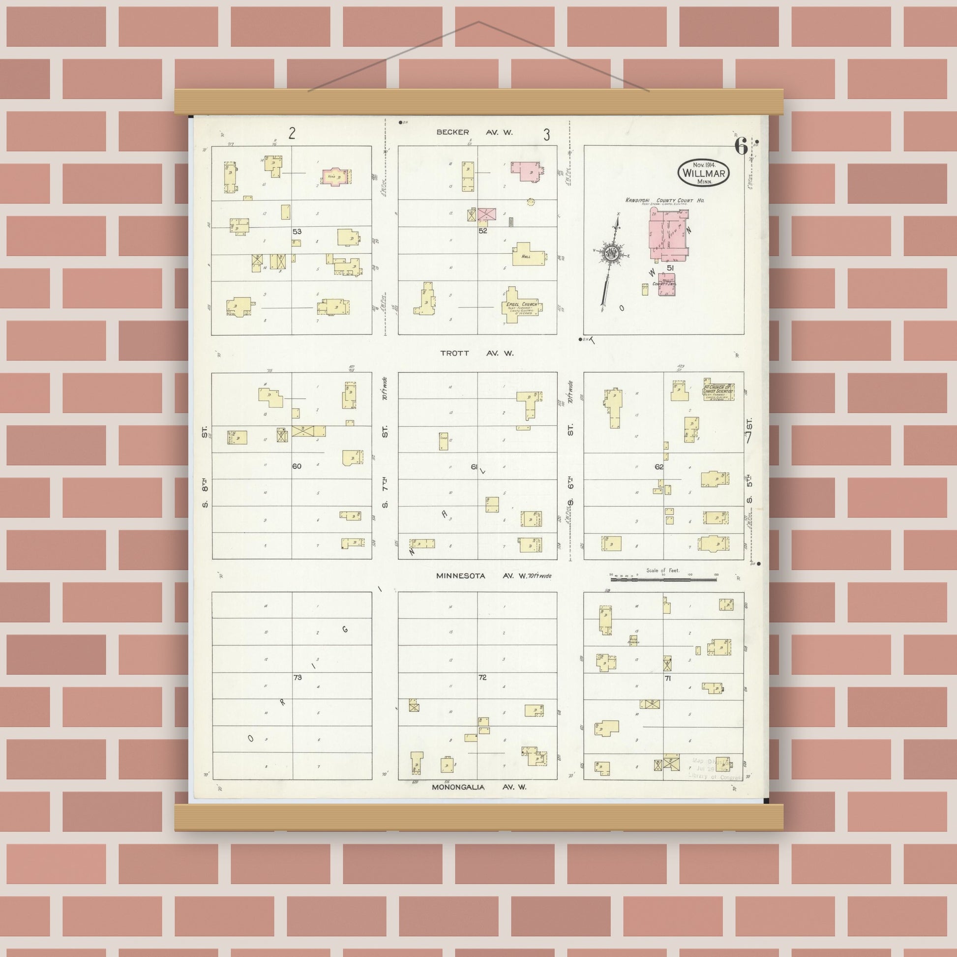Old map wall art mockup — magnetic wood frame on brick wall — Sanborn Fire Insurance Map from Willmar, Kandiyohi County, Minnesota (1914), Sheet #0006