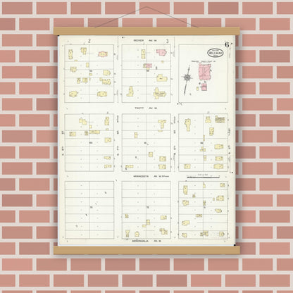 Old map wall art mockup — magnetic wood frame on brick wall — Sanborn Fire Insurance Map from Willmar, Kandiyohi County, Minnesota (1914), Sheet #0006