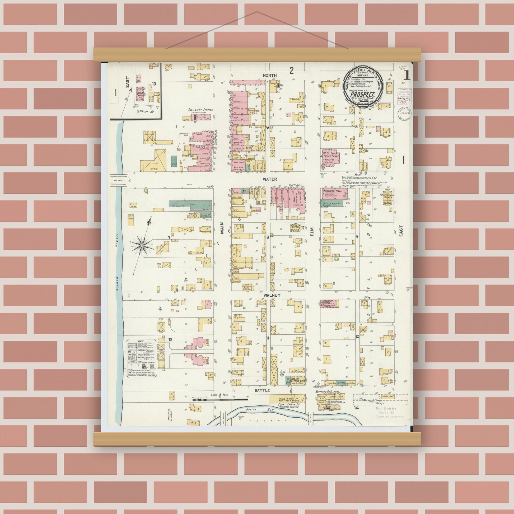 Old map wall art mockup — magnetic wood frame on brick wall — Sanborn Fire Insurance Map from Prospect, Marion County, Ohio (1901) - Complete Map Set