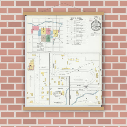 Old map wall art mockup — magnetic wood frame on brick wall — Sanborn Fire Insurance Map from Jefferson, Ashtabula County, Ohio (1902), Sheet #0001