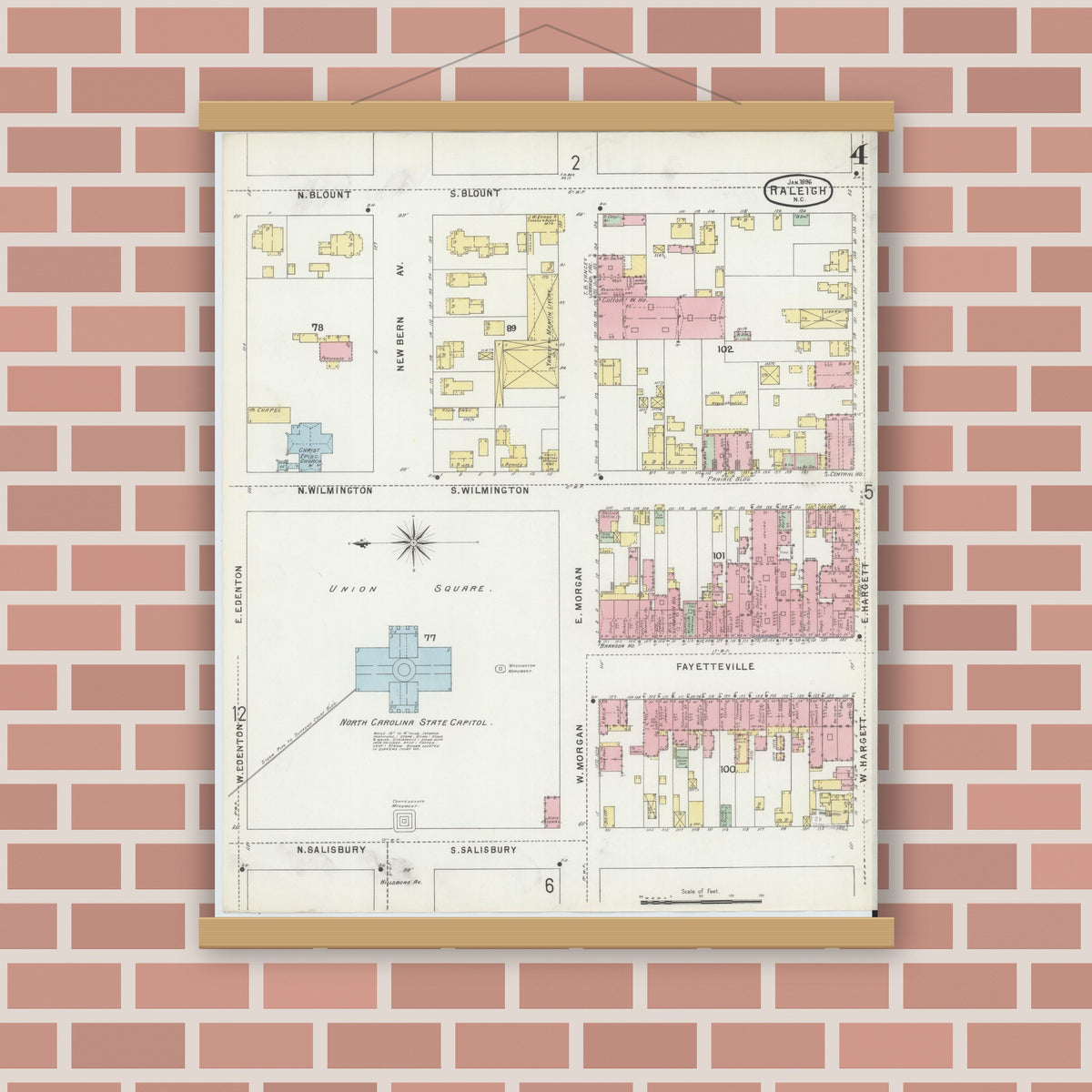 Old map wall art mockup — magnetic wood frame on brick wall — Sanborn Fire Insurance Map from Raleigh, Wake County, North Carolina (1896), Sheet #0004