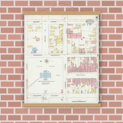 Old map wall art mockup — magnetic wood frame on brick wall — Sanborn Fire Insurance Map from Raleigh, Wake County, North Carolina (1896), Sheet #0004