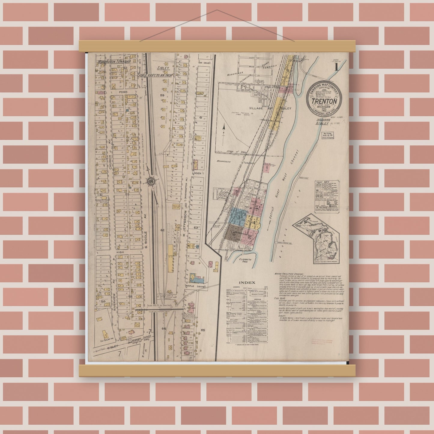 Old map wall art mockup — magnetic wood frame on brick wall — Sanborn Fire Insurance Map from Trenton, Wayne County, Michigan (1922), Sheet #0001
