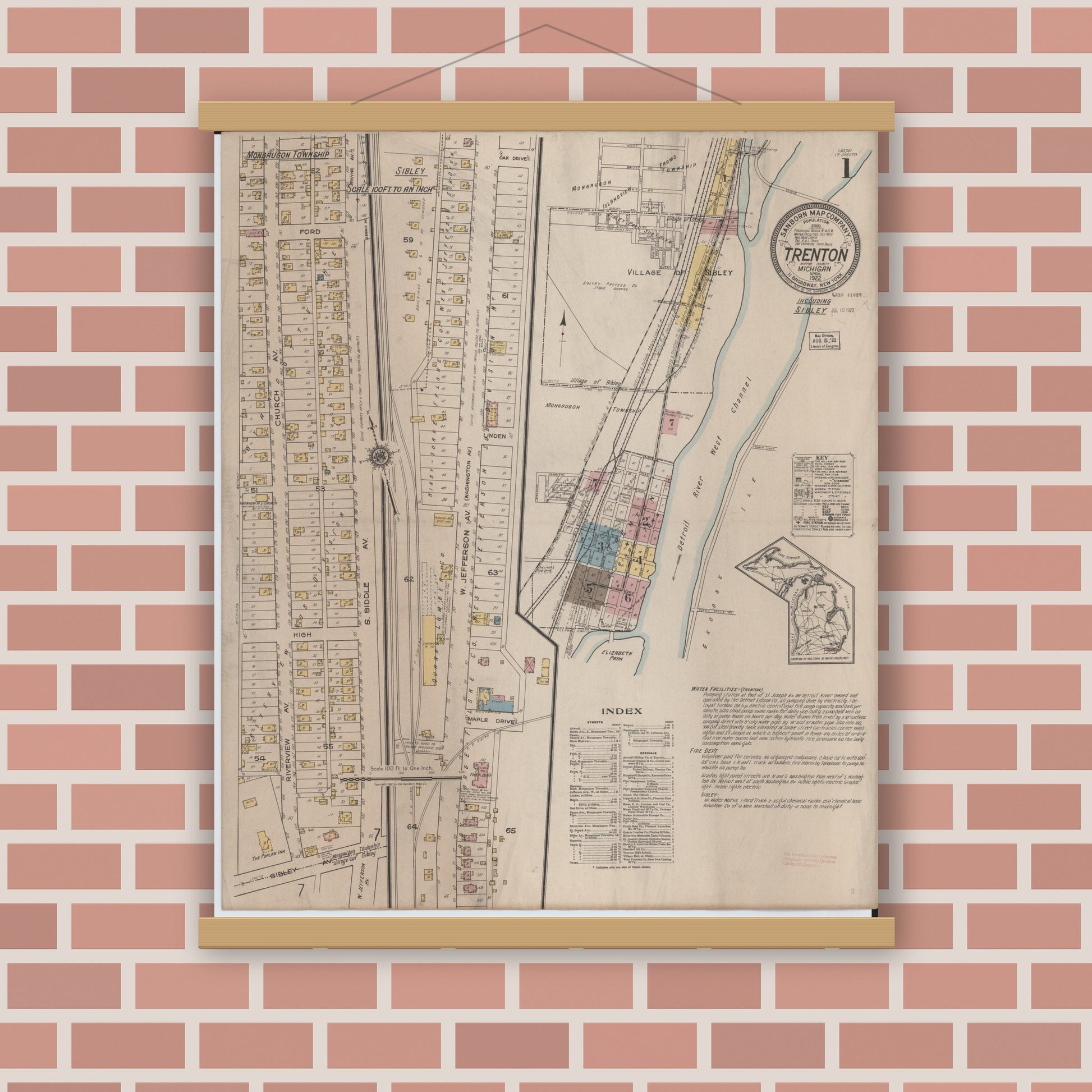 Old map wall art mockup — magnetic wood frame on brick wall — Sanborn Fire Insurance Map from Trenton, Wayne County, Michigan (1922), Sheet #0001