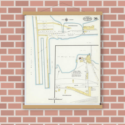 Old map wall art mockup — magnetic wood frame on brick wall — Sanborn Fire Insurance Map from Sault Sainte Marie, Chippewa County, Michigan (1915), Sheet #0030