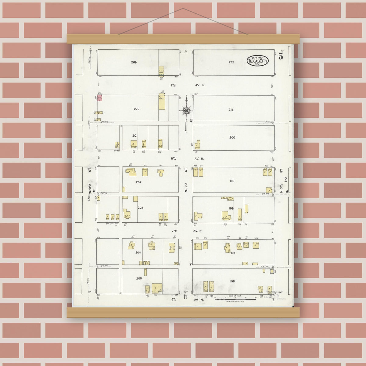 Old map wall art mockup — magnetic wood frame on brick wall — Sanborn Fire Insurance Map from Texas City, Galveston County, Texas (1920), Sheet #0005