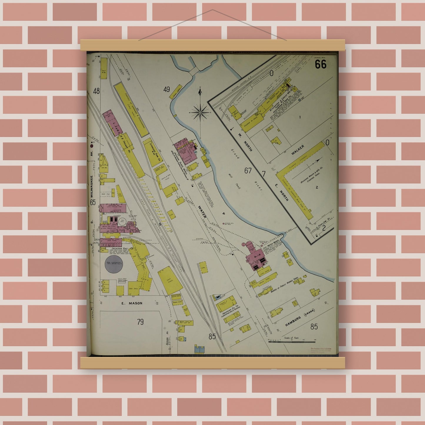 Old map wall art mockup — magnetic wood frame on brick wall — Sanborn Fire Insurance Map from Jackson, Jackson County, Michigan (1907), Sheet #0066