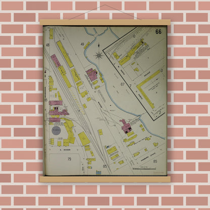 Old map wall art mockup — magnetic wood frame on brick wall — Sanborn Fire Insurance Map from Jackson, Jackson County, Michigan (1907), Sheet #0066