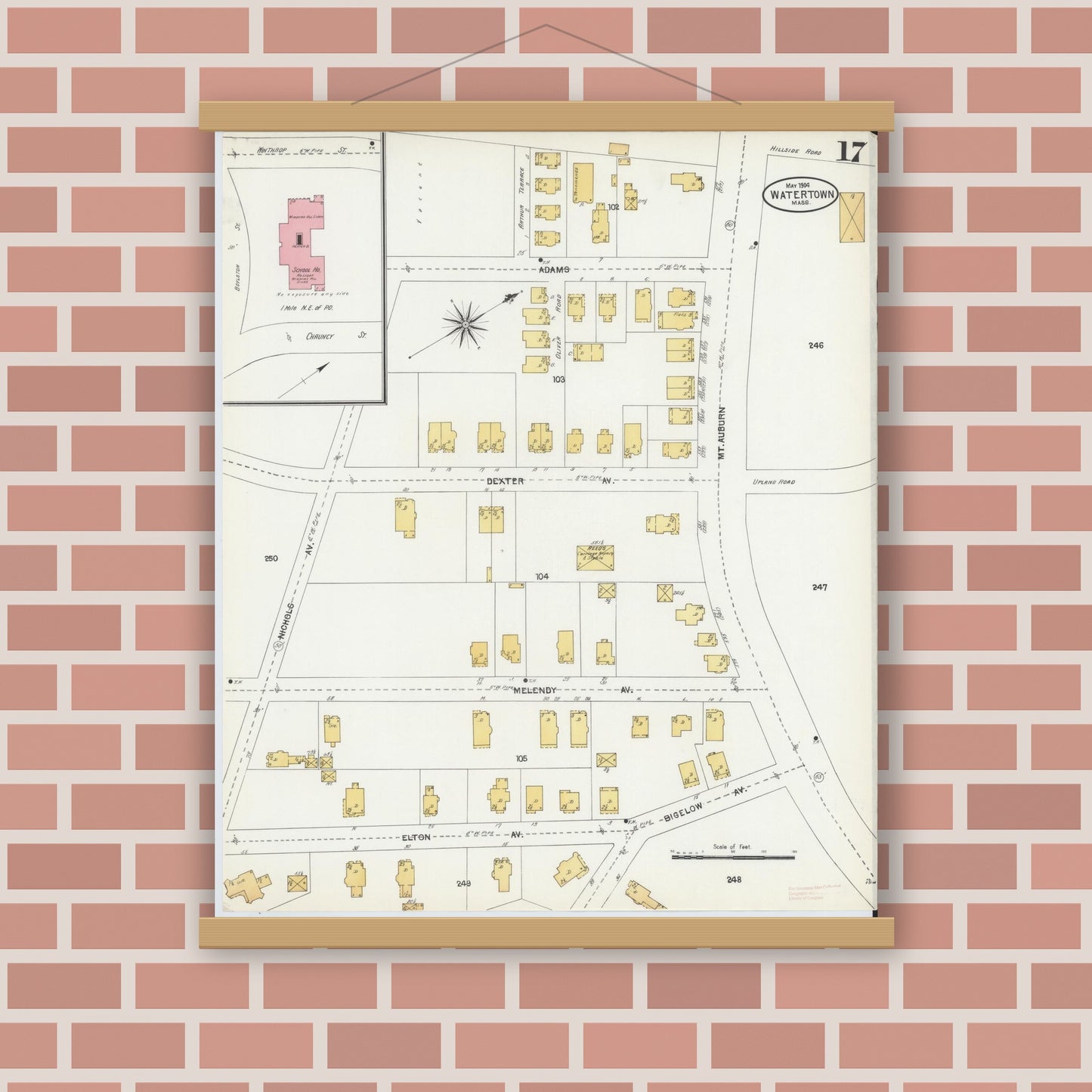 Old map wall art mockup — magnetic wood frame on brick wall — Sanborn Fire Insurance Map from Watertown, Middlesex County, Massachusetts (1904), Sheet #0017