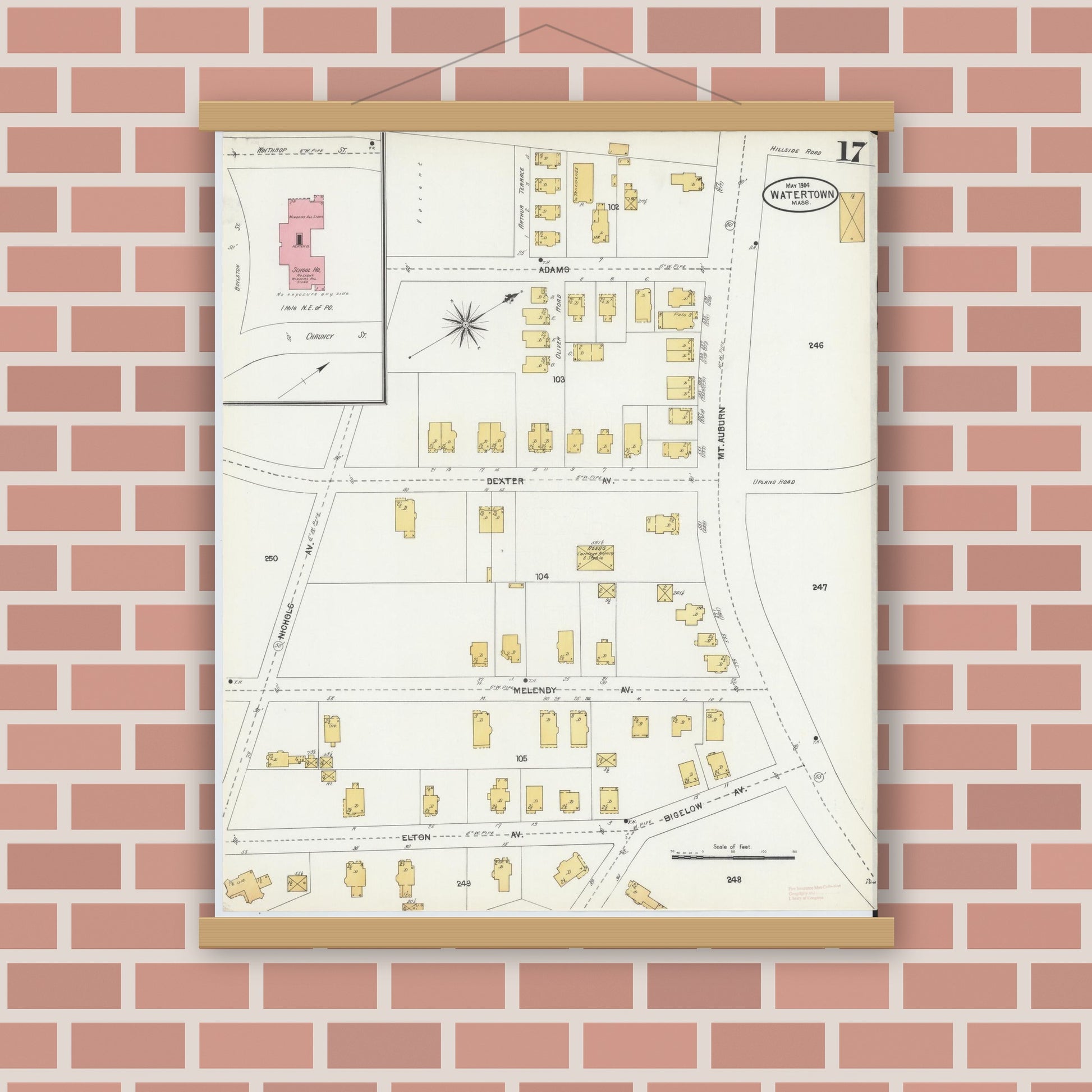 Old map wall art mockup — magnetic wood frame on brick wall — Sanborn Fire Insurance Map from Watertown, Middlesex County, Massachusetts (1904), Sheet #0017