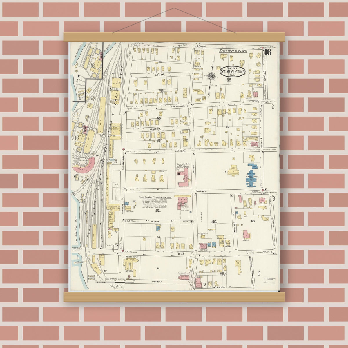Old map wall art mockup — magnetic wood frame on brick wall — Sanborn Fire Insurance Map from Saint Augustine, Saint John's County, Florida (1917), Sheet #0016