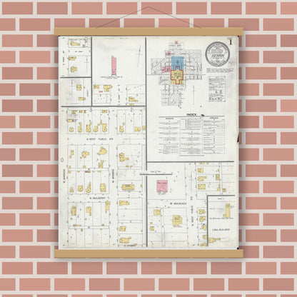 Old map wall art mockup — magnetic wood frame on brick wall — Sanborn Fire Insurance Map from Herrin, Williamson County, Illinois (1905), Sheet #0001