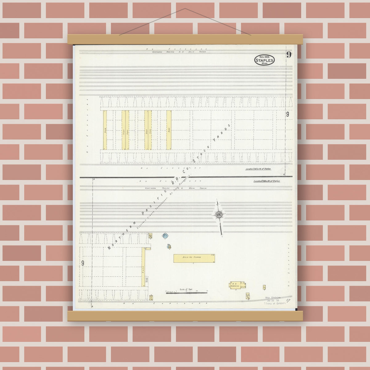 Old map wall art mockup — magnetic wood frame on brick wall — Sanborn Fire Insurance Map from Staples, Todd County, Minnesota (1909), Sheet #0009