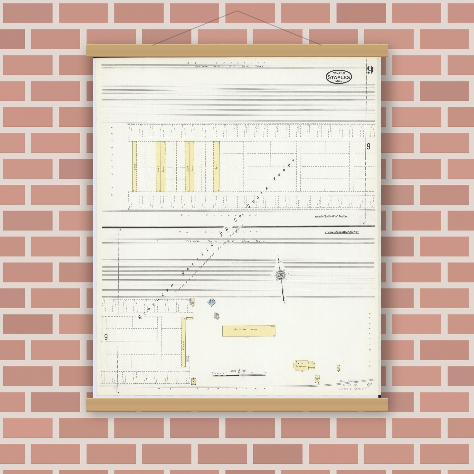 Old map wall art mockup — magnetic wood frame on brick wall — Sanborn Fire Insurance Map from Staples, Todd County, Minnesota (1909), Sheet #0009