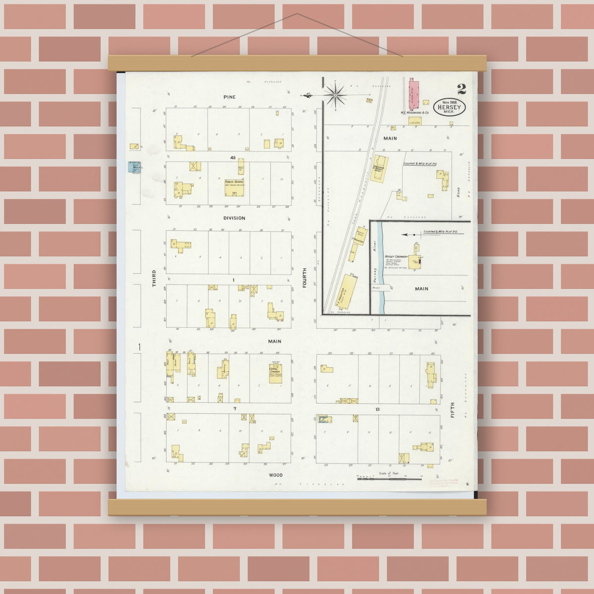 Old map wall art mockup — magnetic wood frame on brick wall — Sanborn Fire Insurance Map from Hersey, Osceola County, Michigan (1908), Sheet #0002