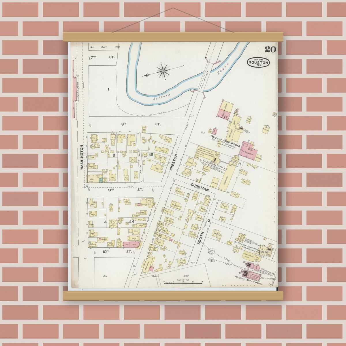 Old map wall art mockup — magnetic wood frame on brick wall — Sanborn Fire Insurance Map from Houston, Harris County, Texas (1890), Sheet #0020