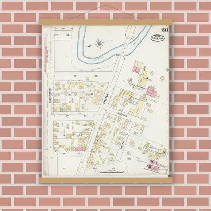 Old map wall art mockup — magnetic wood frame on brick wall — Sanborn Fire Insurance Map from Houston, Harris County, Texas (1890), Sheet #0020