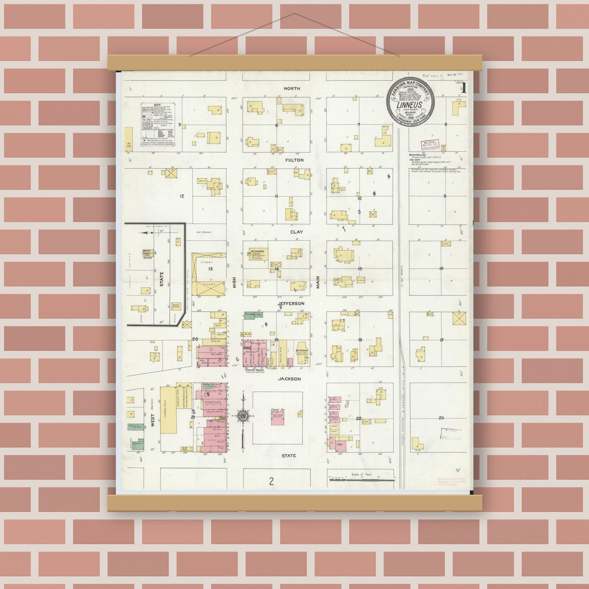 Old map wall art mockup — magnetic wood frame on brick wall — Sanborn Fire Insurance Map from Linneus, Linn County, Missouri (1910) - Complete Map Set