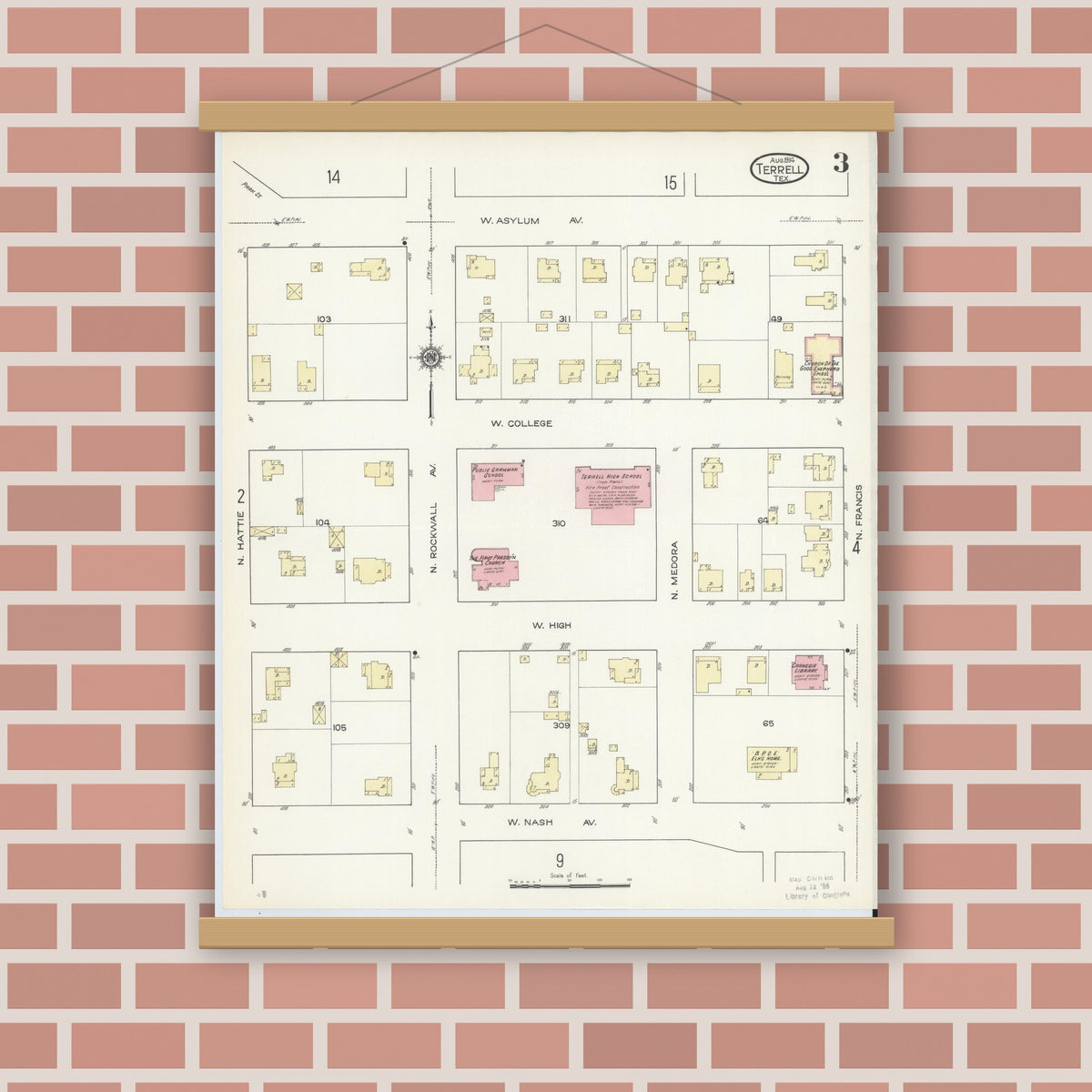 Old map wall art mockup — magnetic wood frame on brick wall — Sanborn Fire Insurance Map from Terrell, Kaufman County, Texas (1914), Sheet #0003