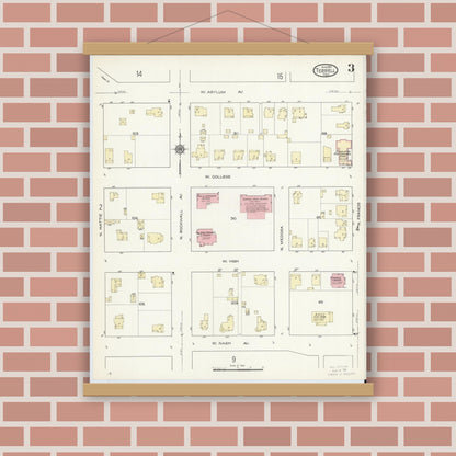 Old map wall art mockup — magnetic wood frame on brick wall — Sanborn Fire Insurance Map from Terrell, Kaufman County, Texas (1914), Sheet #0003