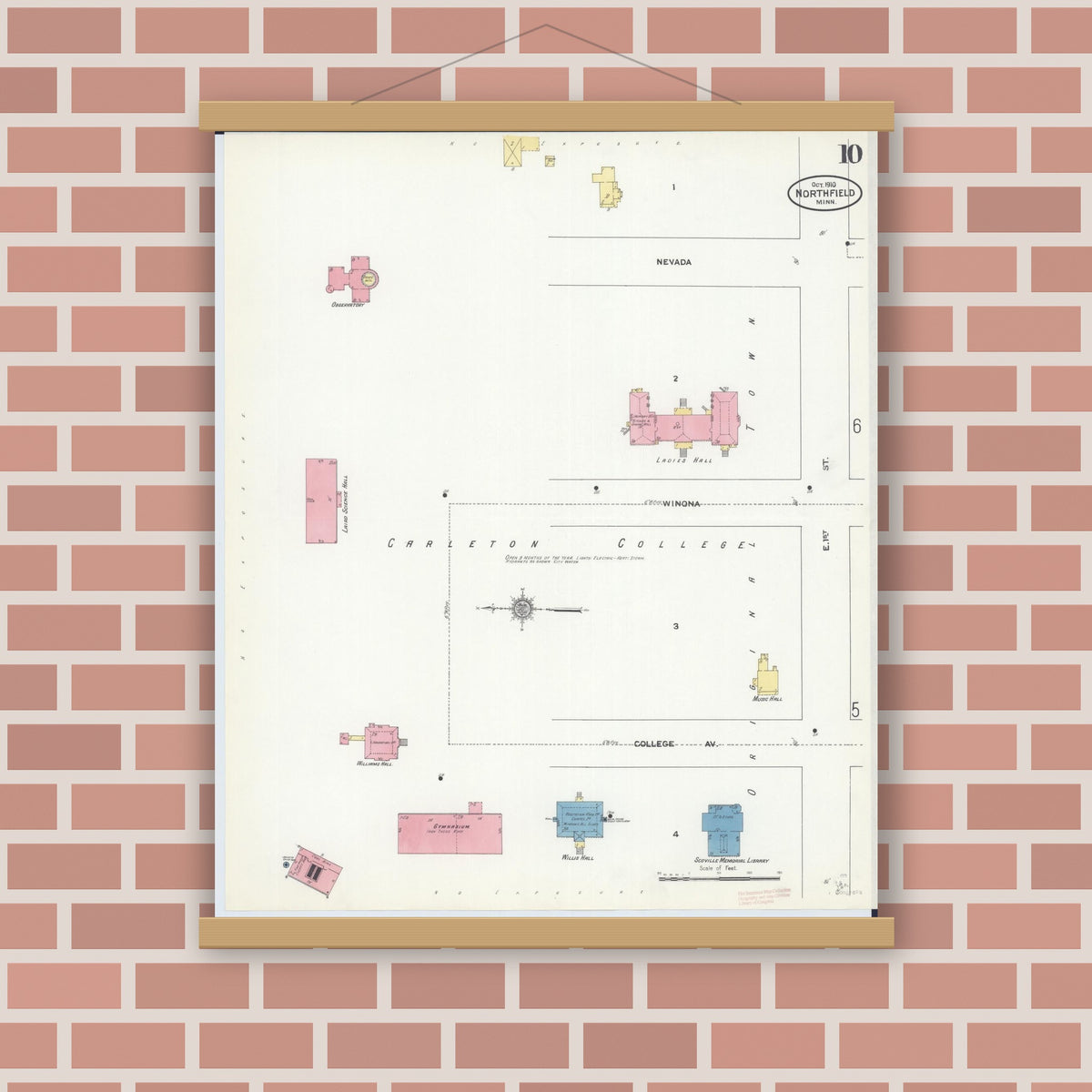 Old map wall art mockup — magnetic wood frame on brick wall — Sanborn Fire Insurance Map from Northfield, Rice County, Minnesota (1910), Sheet #0010
