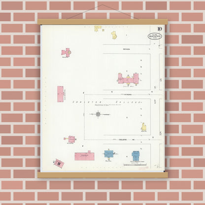 Old map wall art mockup — magnetic wood frame on brick wall — Sanborn Fire Insurance Map from Northfield, Rice County, Minnesota (1910), Sheet #0010