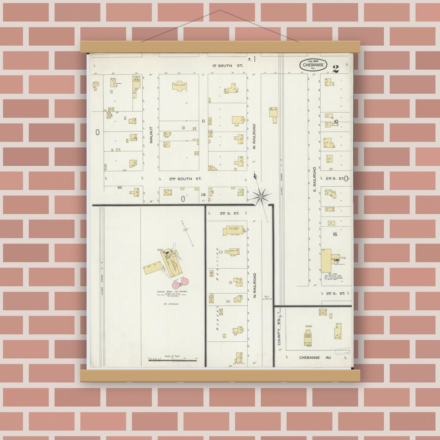 Old map wall art mockup — magnetic wood frame on brick wall — Sanborn Fire Insurance Map from Chebanse, Iroquois And Kankakee County, Illinois (1898), Sheet #0002