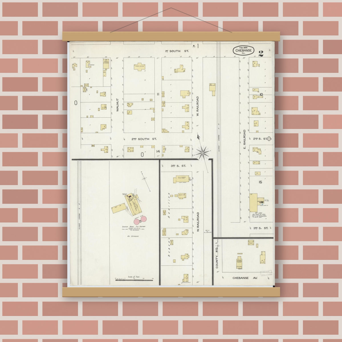 Old map wall art mockup — magnetic wood frame on brick wall — Sanborn Fire Insurance Map from Chebanse, Iroquois And Kankakee County, Illinois (1898), Sheet #0002