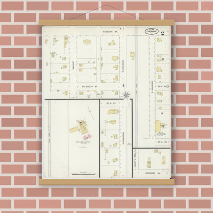 Old map wall art mockup — magnetic wood frame on brick wall — Sanborn Fire Insurance Map from Chebanse, Iroquois And Kankakee County, Illinois (1898), Sheet #0002