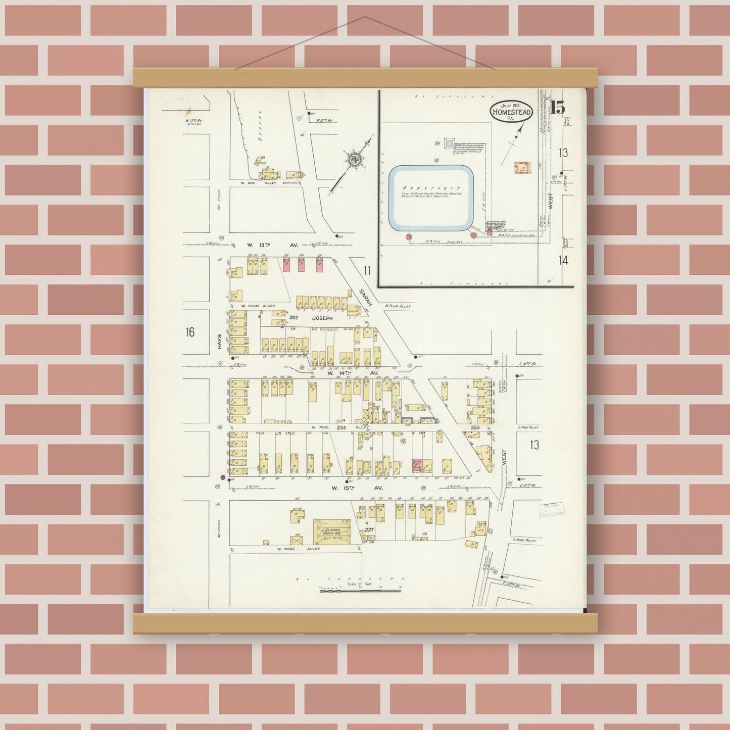 Old map wall art mockup — magnetic wood frame on brick wall — Sanborn Fire Insurance Map from Homestead, Allegheny County, Pennsylvania (1913), Sheet #0015