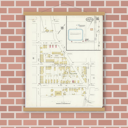 Old map wall art mockup — magnetic wood frame on brick wall — Sanborn Fire Insurance Map from Homestead, Allegheny County, Pennsylvania (1913), Sheet #0015