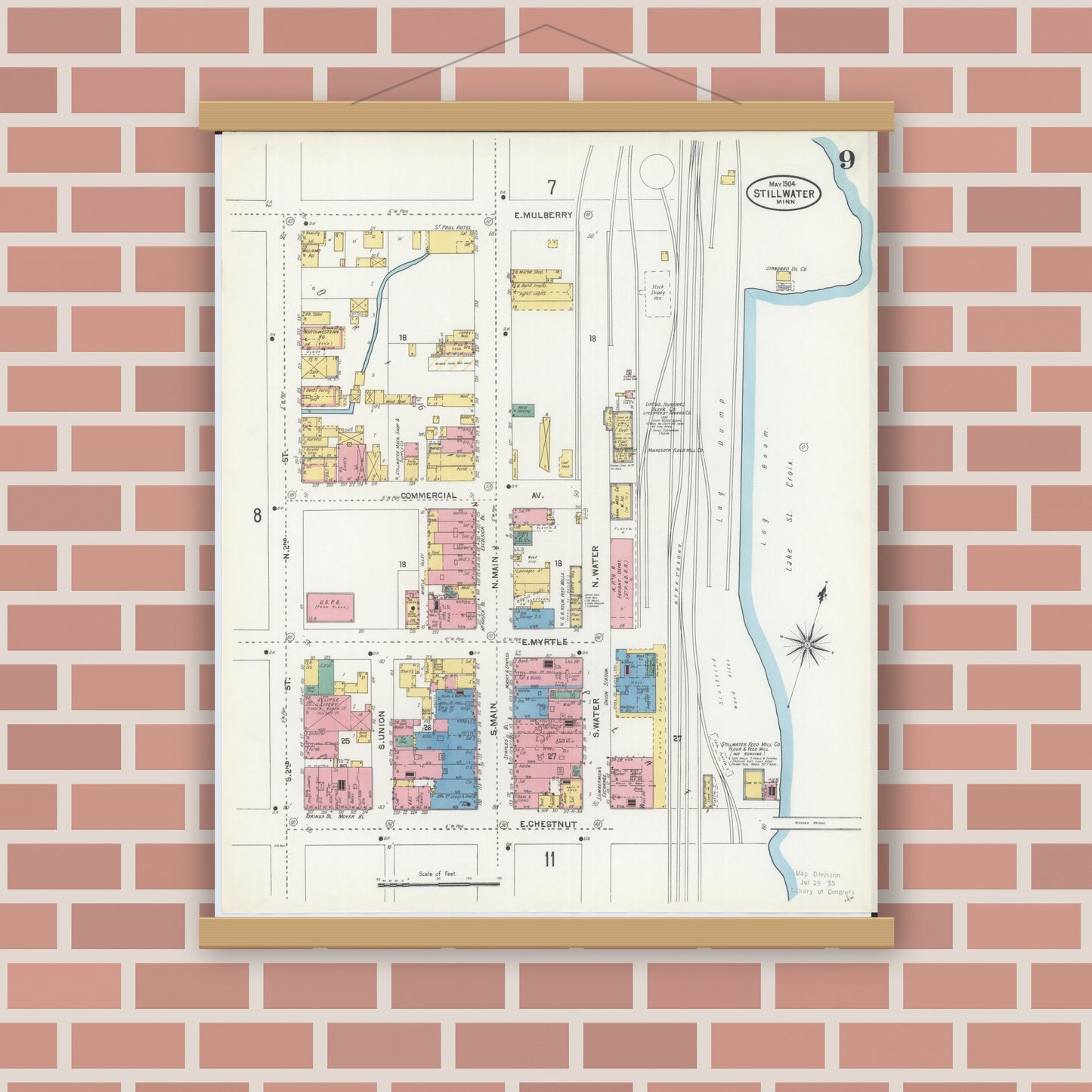 Old map wall art mockup — magnetic wood frame on brick wall — Sanborn Fire Insurance Map from Stillwater, Washington County, Minnesota (1904), Sheet #0009