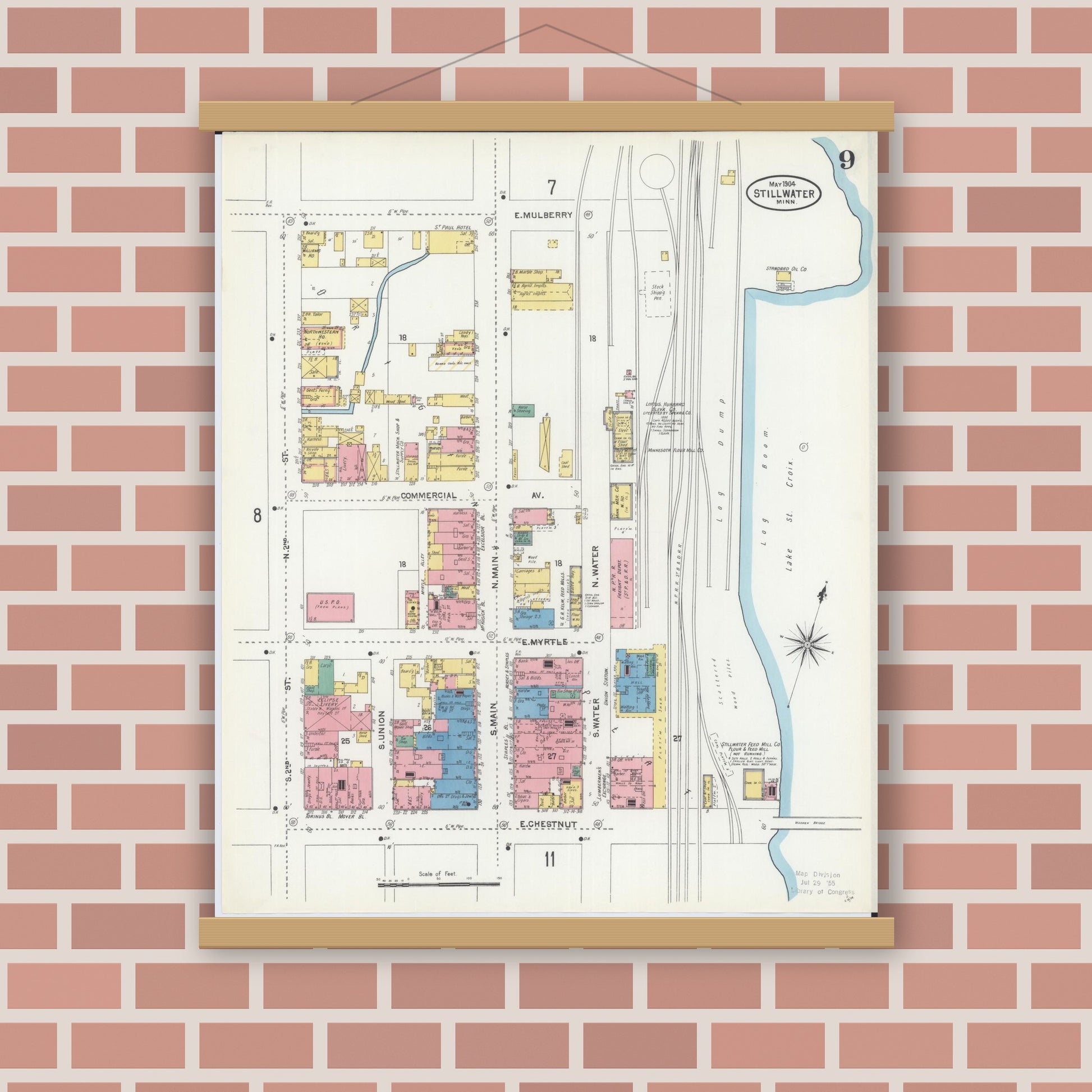 Old map wall art mockup — magnetic wood frame on brick wall — Sanborn Fire Insurance Map from Stillwater, Washington County, Minnesota (1904), Sheet #0009