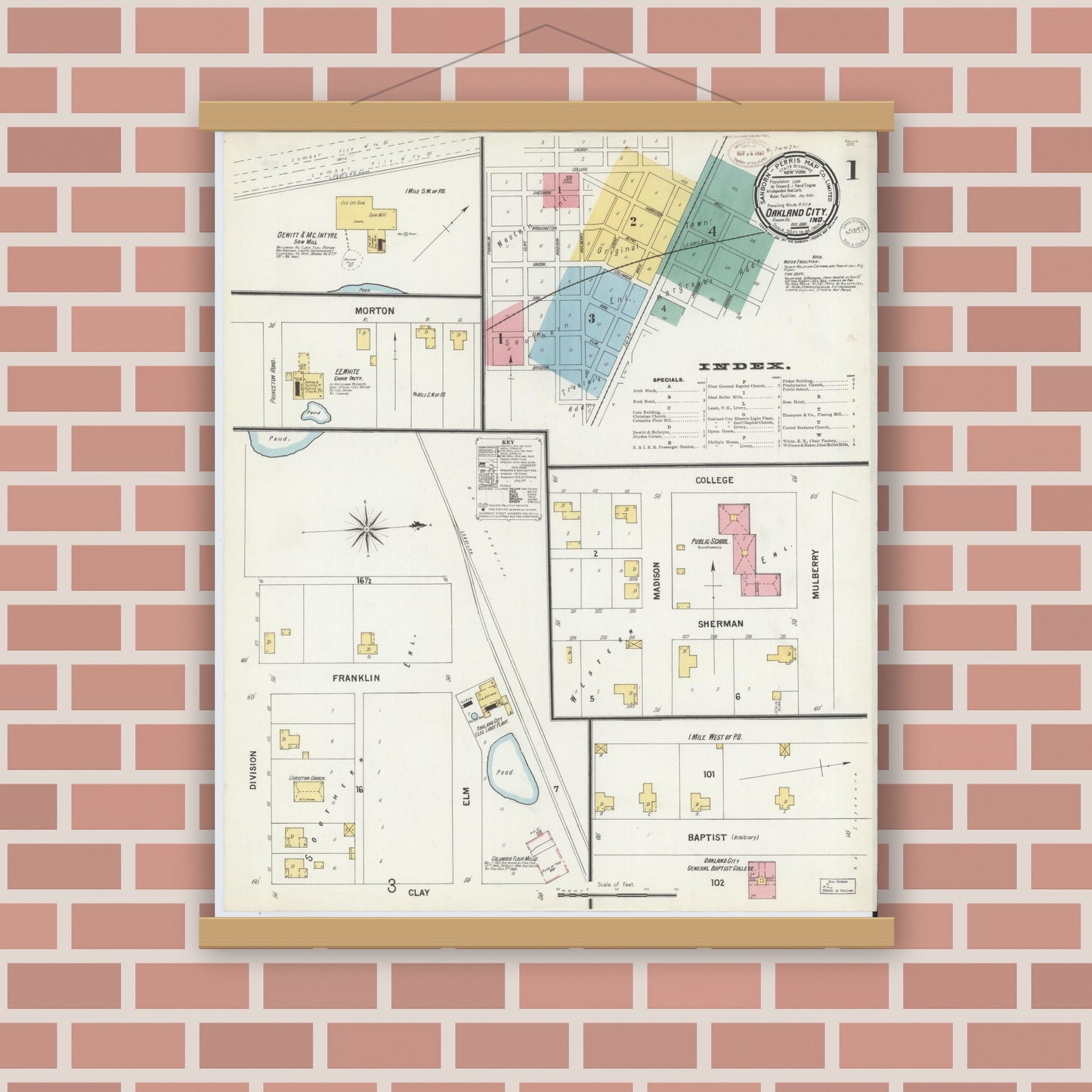 Old map wall art mockup — magnetic wood frame on brick wall — Sanborn Fire Insurance Map from Oakland City, Gibson County, Indiana (1899) - Complete Map Set