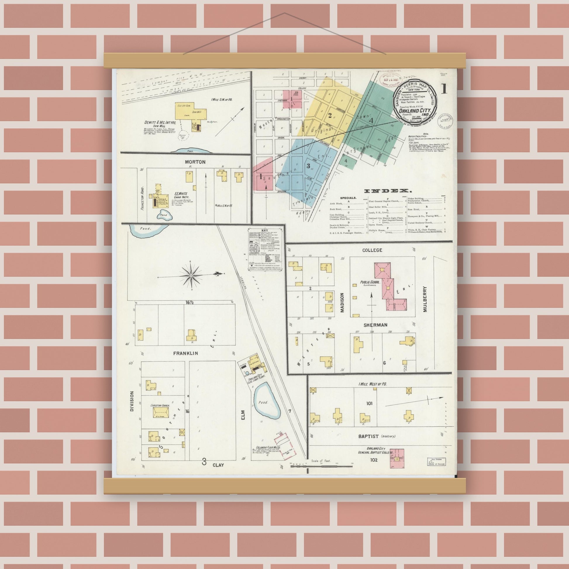 Old map wall art mockup — magnetic wood frame on brick wall — Sanborn Fire Insurance Map from Oakland City, Gibson County, Indiana (1899) - Complete Map Set