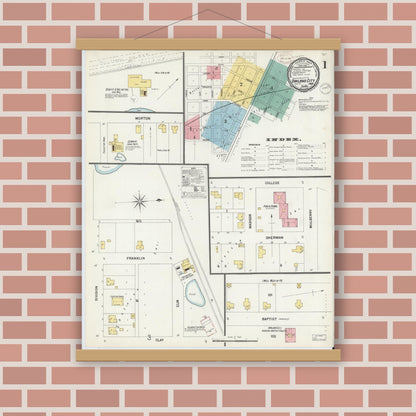 Old map wall art mockup — magnetic wood frame on brick wall — Sanborn Fire Insurance Map from Oakland City, Gibson County, Indiana (1899) - Complete Map Set