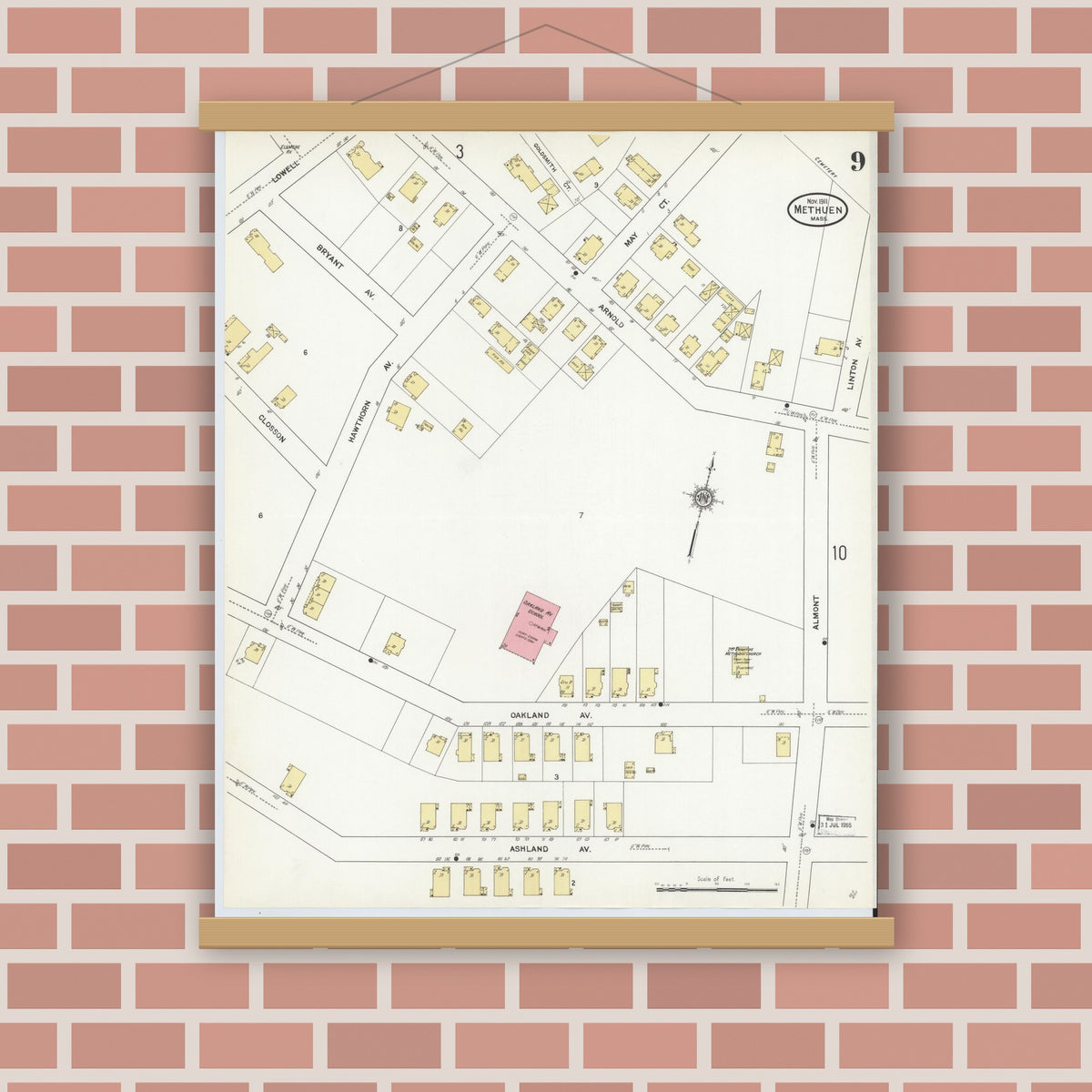 Old map wall art mockup — magnetic wood frame on brick wall — Sanborn Fire Insurance Map from Methuen, Essex County, Massachusetts (1911), Sheet #0009