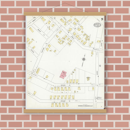 Old map wall art mockup — magnetic wood frame on brick wall — Sanborn Fire Insurance Map from Methuen, Essex County, Massachusetts (1911), Sheet #0009