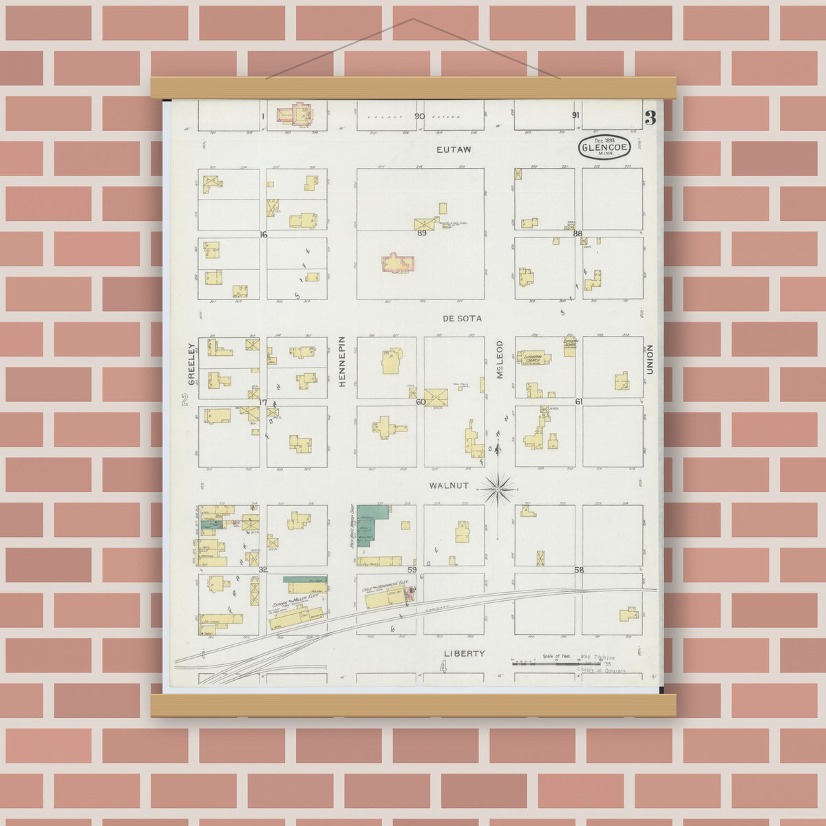 Old map wall art mockup — magnetic wood frame on brick wall — Sanborn Fire Insurance Map from Glencoe, Mcleod County, Minnesota (1893), Sheet #0003