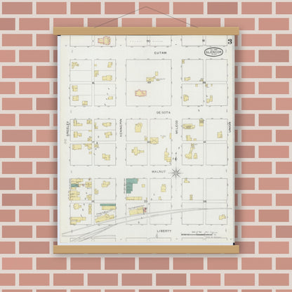 Old map wall art mockup — magnetic wood frame on brick wall — Sanborn Fire Insurance Map from Glencoe, Mcleod County, Minnesota (1893), Sheet #0003