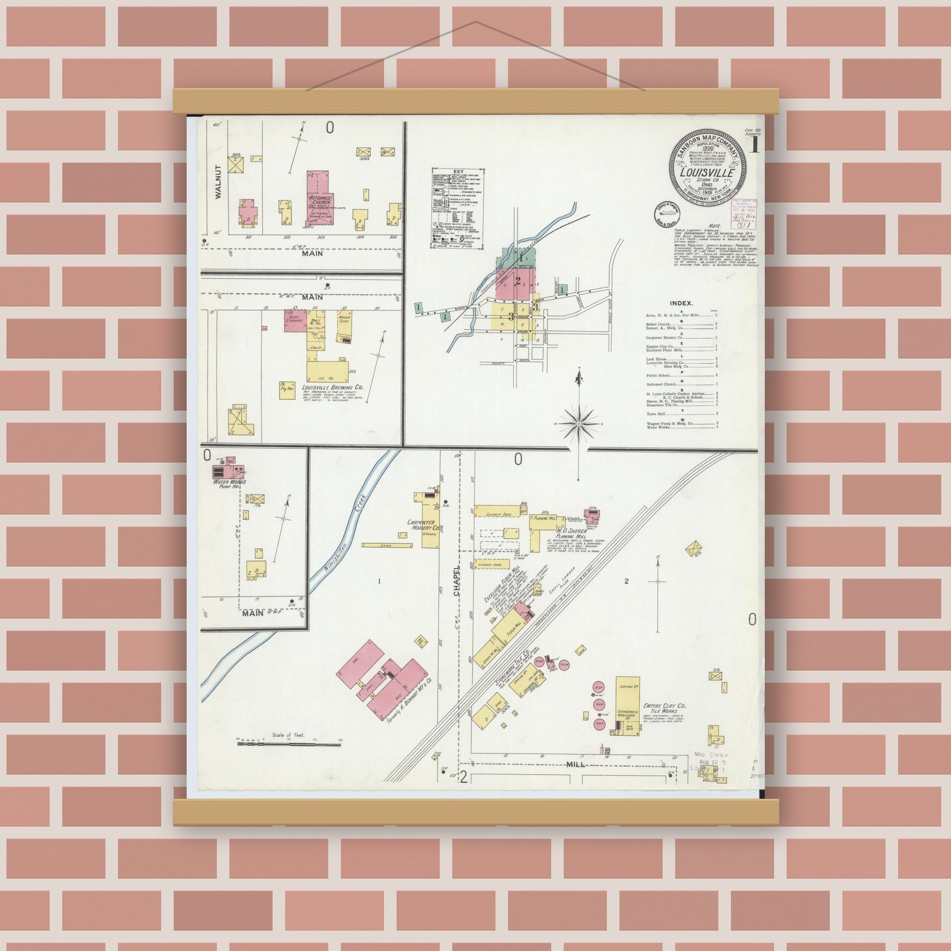 Old map wall art mockup — magnetic wood frame on brick wall — Sanborn Fire Insurance Map from Louisville, Stark County, Ohio (1901), Sheet #0001