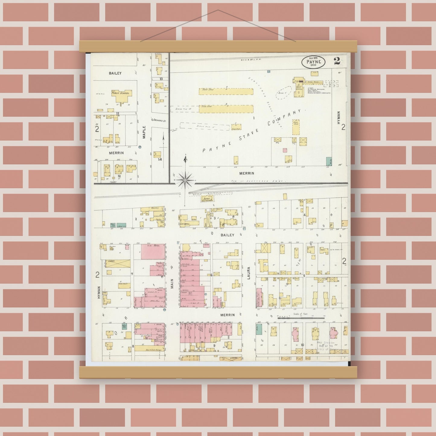 Old map wall art mockup — magnetic wood frame on brick wall — Sanborn Fire Insurance Map from Payne, Paulding County, Ohio (1899), Sheet #0002