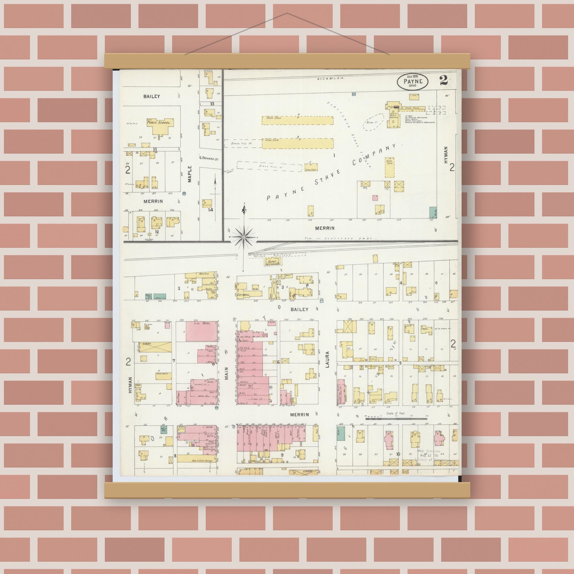 Old map wall art mockup — magnetic wood frame on brick wall — Sanborn Fire Insurance Map from Payne, Paulding County, Ohio (1899), Sheet #0002