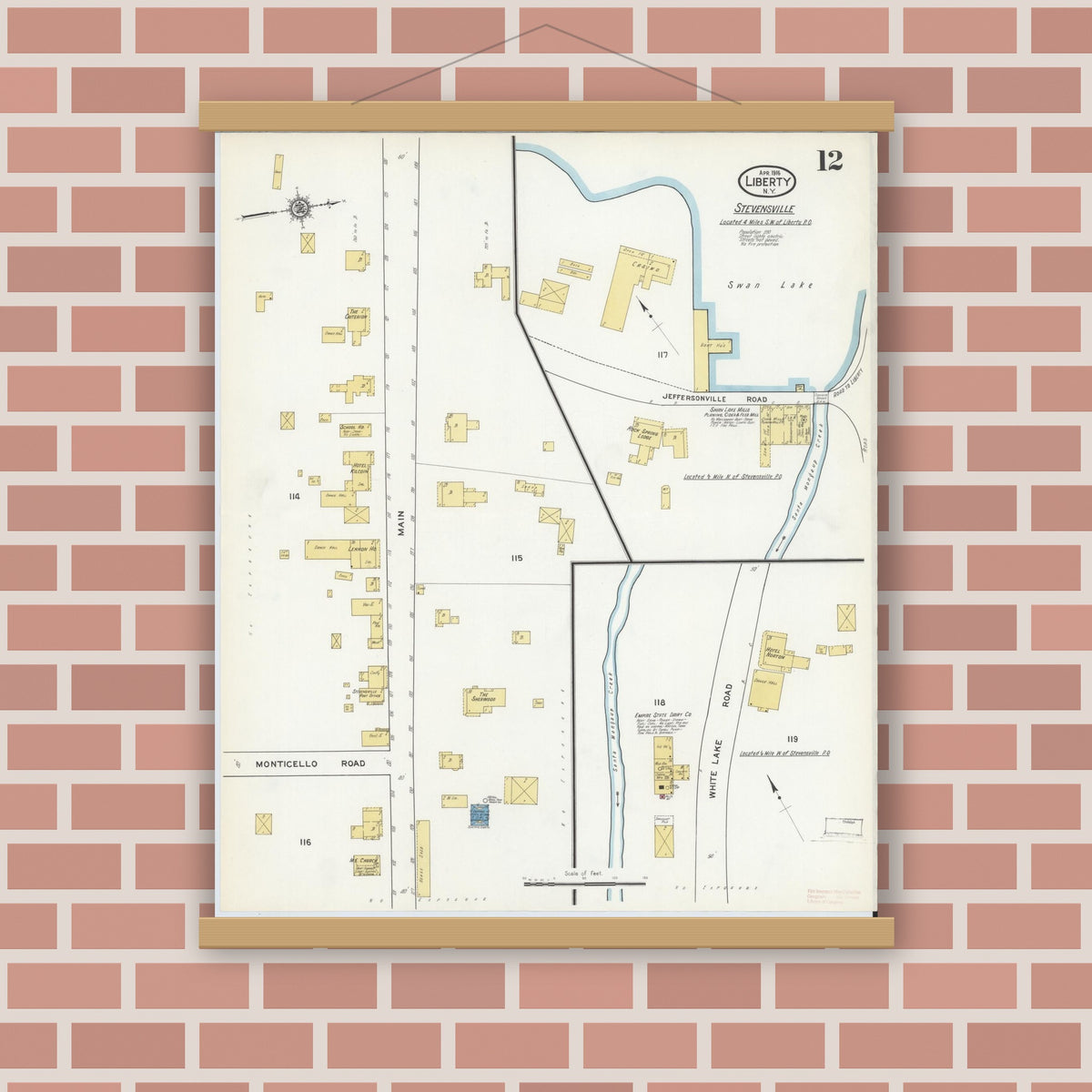 Old map wall art mockup — magnetic wood frame on brick wall — Sanborn Fire Insurance Map from Liberty, Sullivan County, New York (1916), Sheet #0012