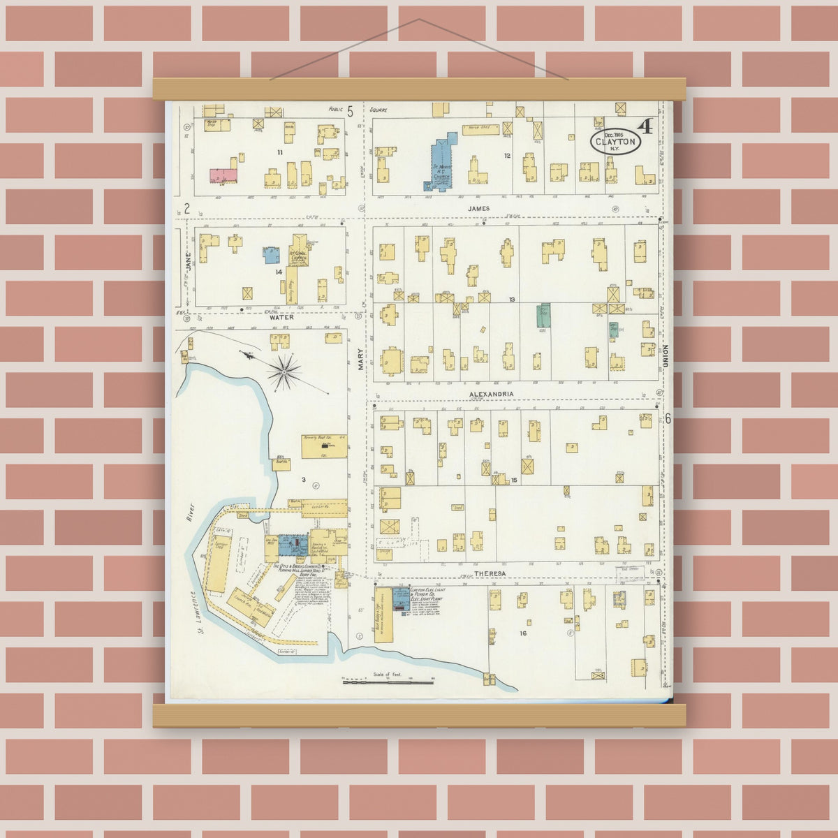 Old map wall art mockup — magnetic wood frame on brick wall — Sanborn Fire Insurance Map from Clayton, Jefferson County, New York (1905), Sheet #0004