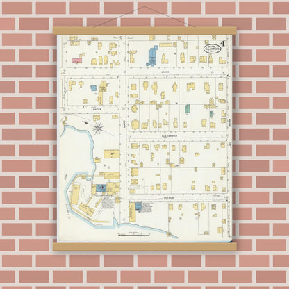 Old map wall art mockup — magnetic wood frame on brick wall — Sanborn Fire Insurance Map from Clayton, Jefferson County, New York (1905), Sheet #0004