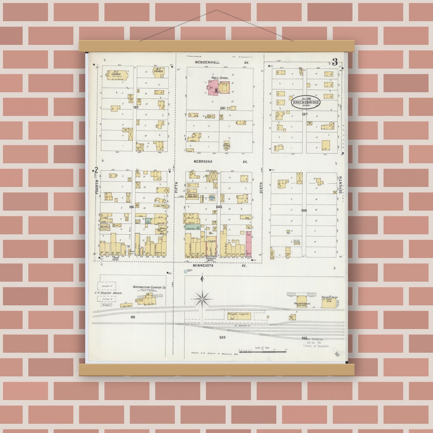 Old map wall art mockup — magnetic wood frame on brick wall — Sanborn Fire Insurance Map from Breckenridge, Wilkin County, Minnesota (1898), Sheet #0003